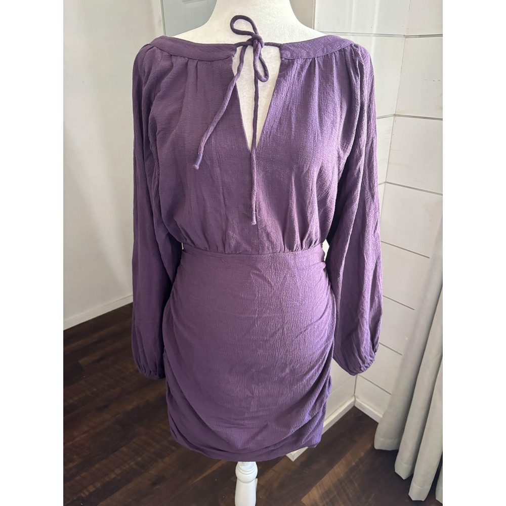 Free People Dress‎ Womens Large Purple Ruched Balloon Sleeve Mini Boho Tie Back